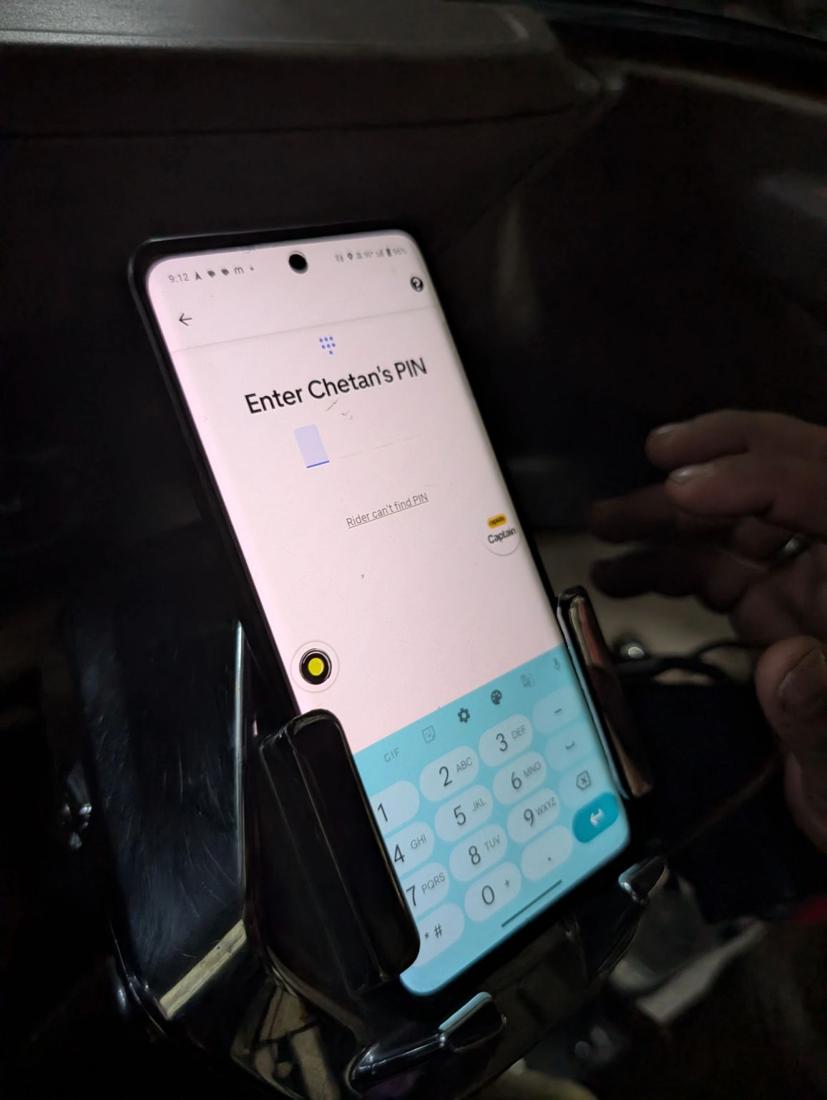 Driver app screen reading Enter Chetan's PIN with a Rider can't find PIN link below it